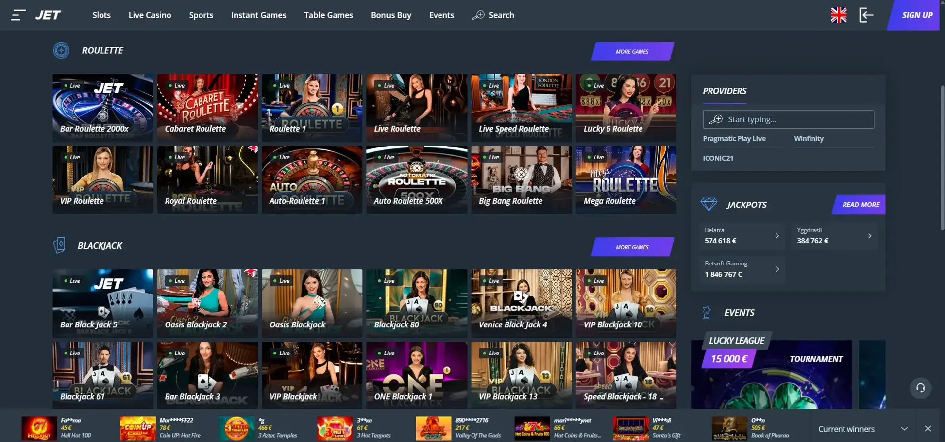 Jet Casino — раздел live казино с живыми дилерами